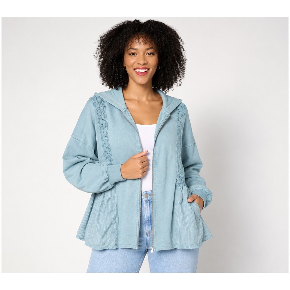 LOGO Lavish by Lori Goldstein Zip Front Lace Trim Knit Jacket Sea Glass, Small